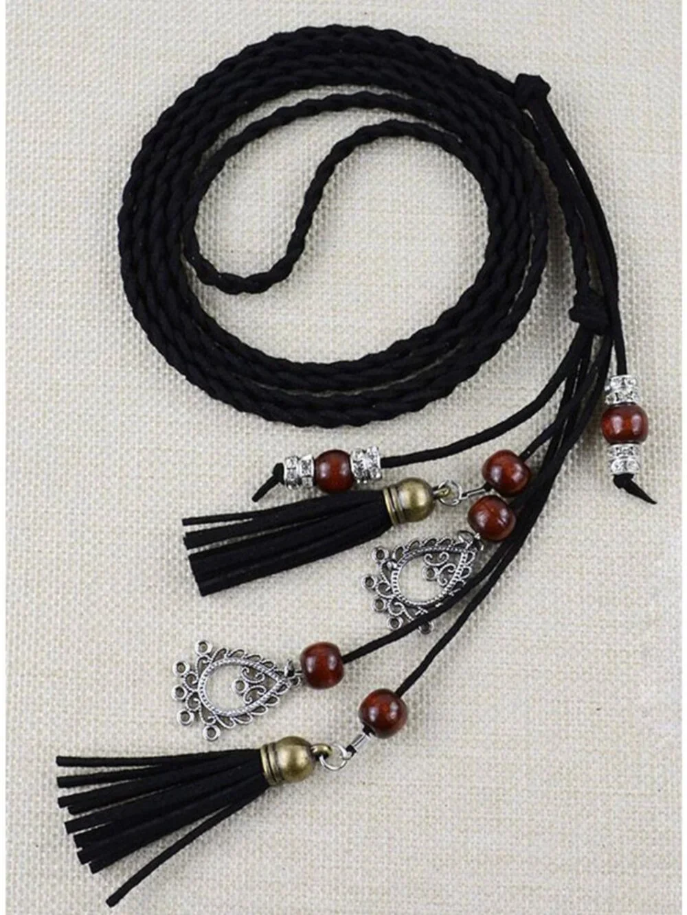 Black Braided Wrap-Around Waist Belt With Tassels & Metal Charms